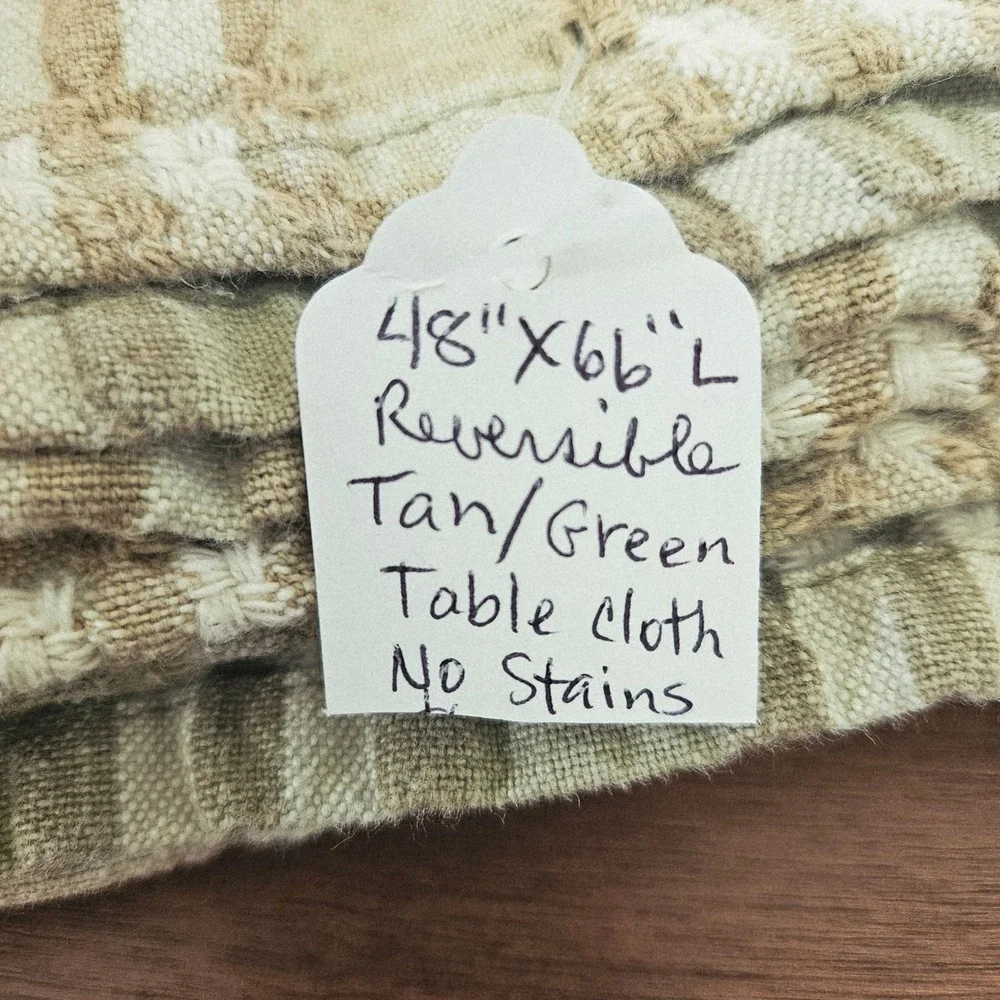 Vintage Plaid Tablecloth Sage Green Tan Woven Farmhouse 48x66 Rectangle